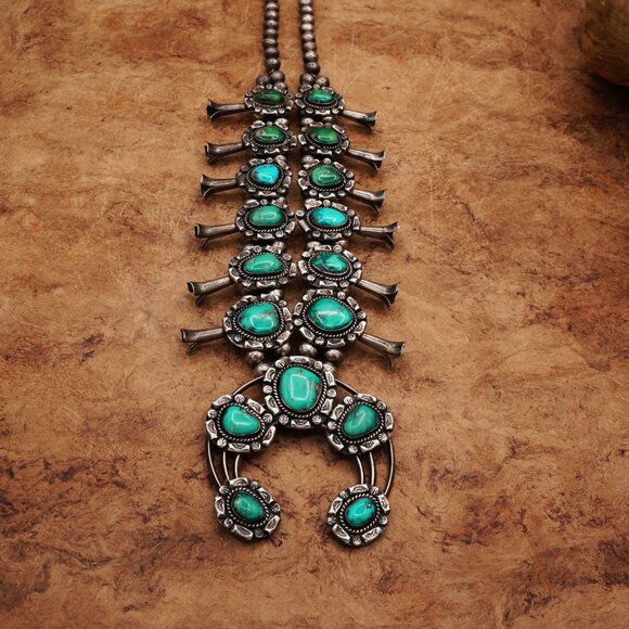 Unique Vintage Native Navajo Turquoise Squash Blossom Ornate Silver Necklace 27" - Picture 2 of 13